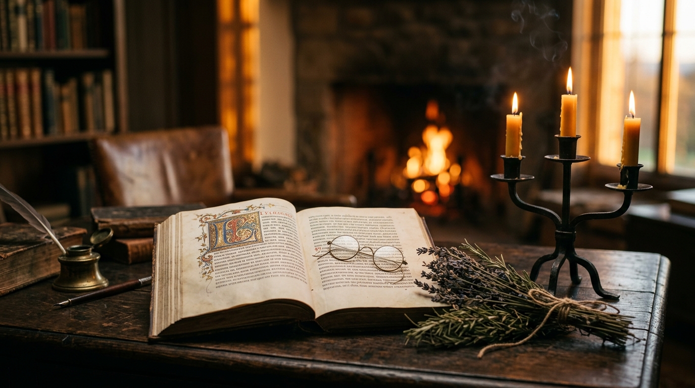 An open illuminated manuscript with antique spectacles, candelabra, and rosemary, bathed in warm fireplace light